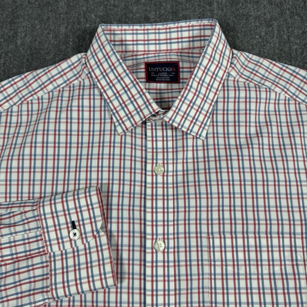 UNTUCKit Shirt Mens Large Slim Fit Red Blue Plaid Wrinkle Free Button Up